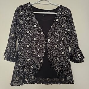 New Directions Black Top Sequin Lace Mesh Sleeve Petite Small Whimaigoth 90s Y2K